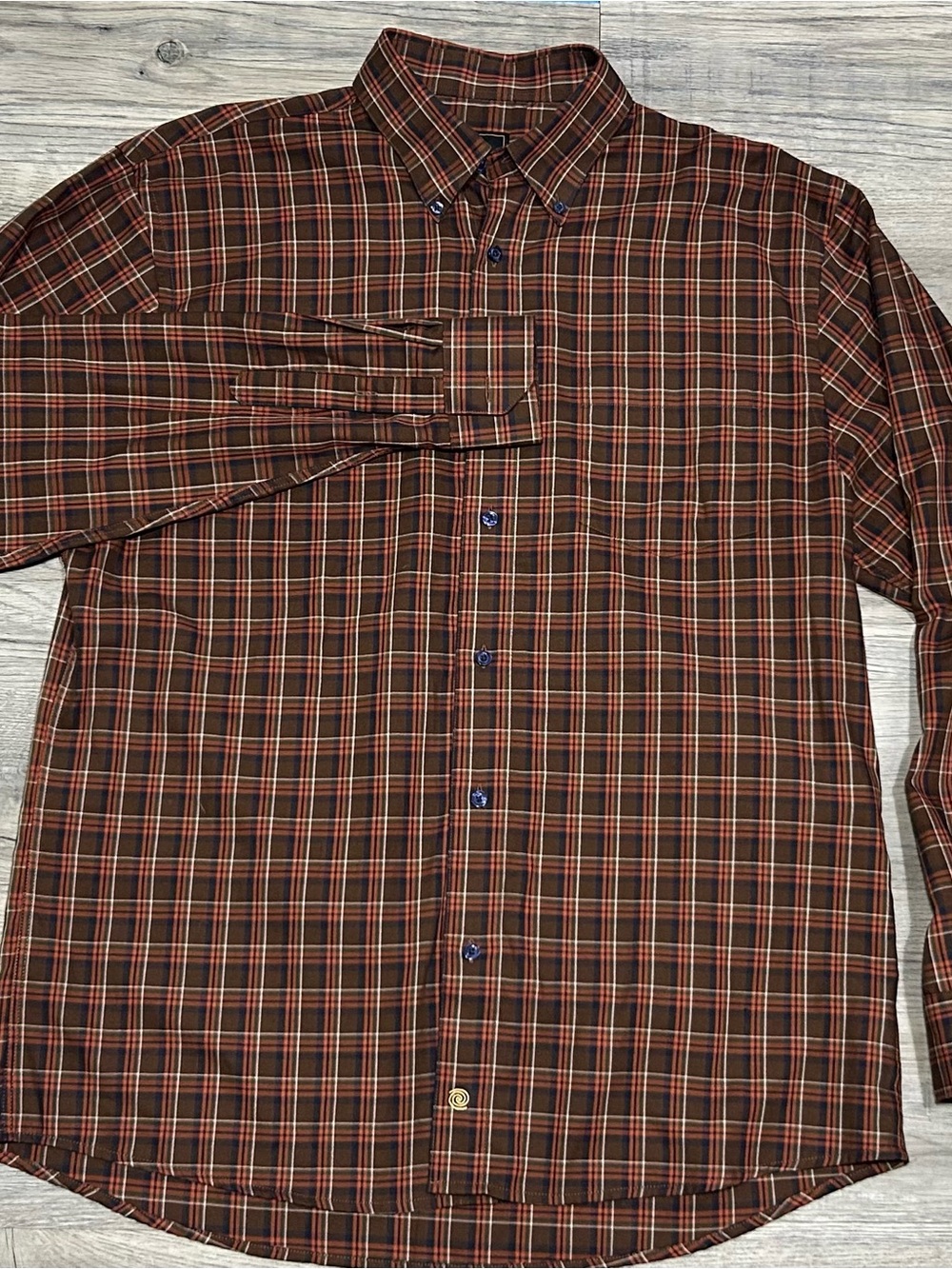 F/X Fusion Mens L Plaid Button Down Shirt Long Sleeve Brown Orange Cotton Blend